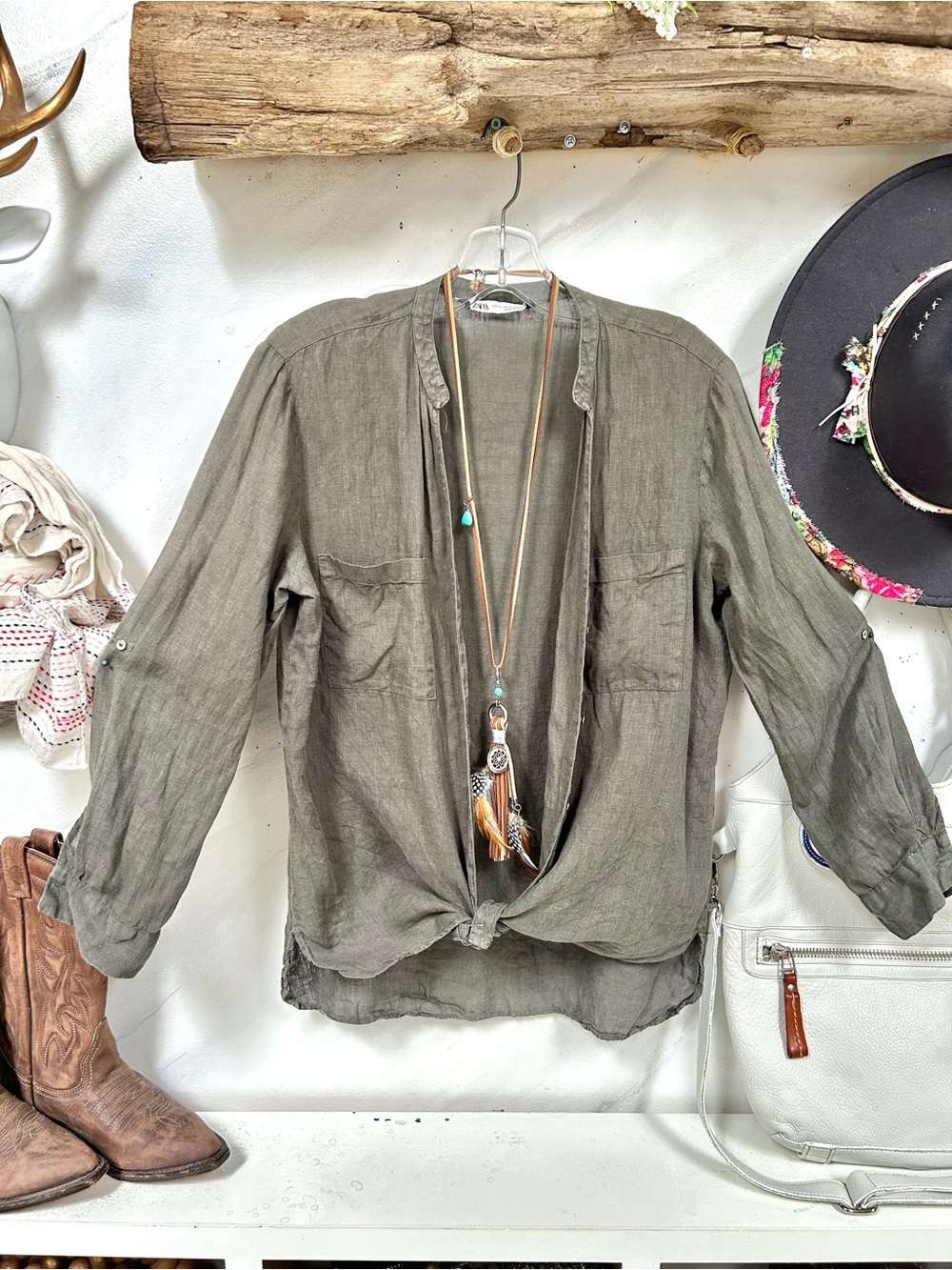 Zara Linen Olive Green Lightweight boho shirt w resort vacay beach country vibe - Picture 12 of 15